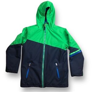 Lands’ End Boy’s Full Zip Hooded Green Navy Color Block Puffer Coat Size M 10/12